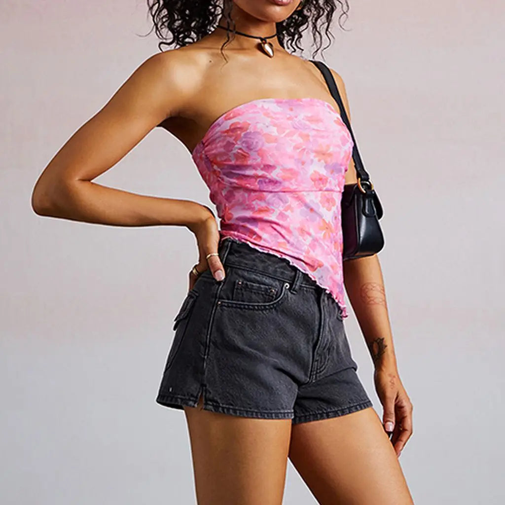 Floral Mesh Asymmetrical Tube Top
