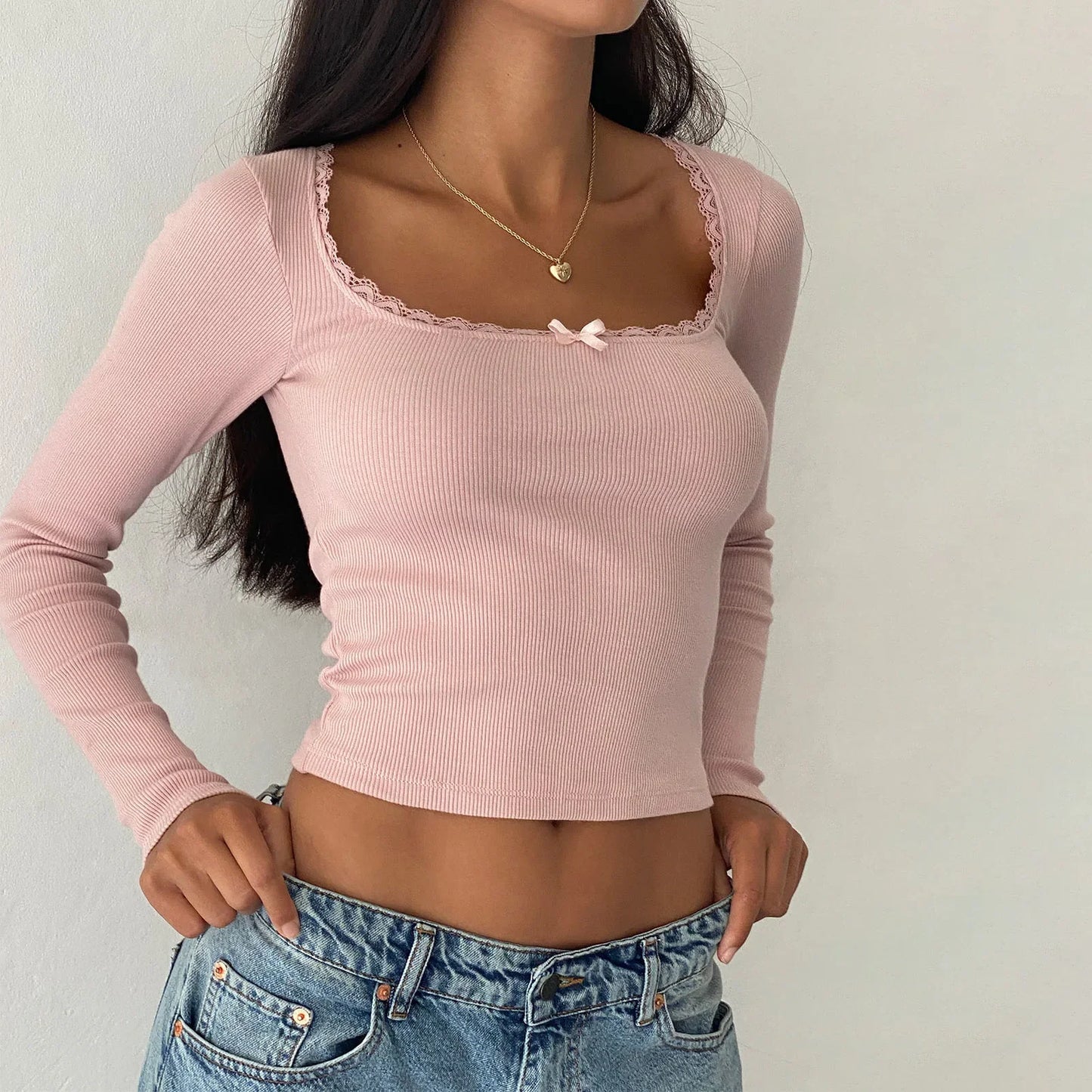 Y2K Vintage Long Sleeve Lace Trim Fall Top