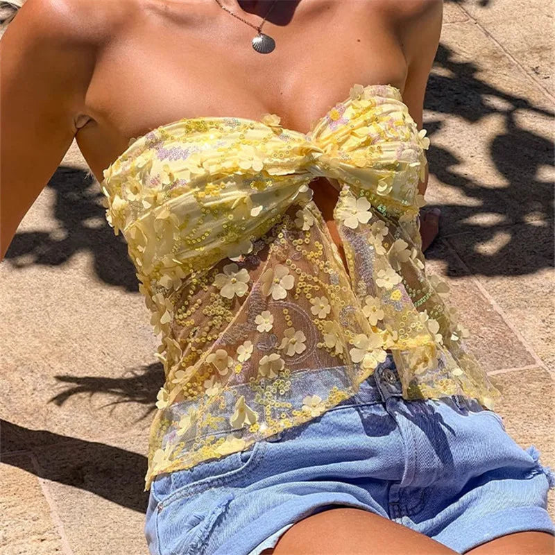 Sheer Floral Sequin Tube Top