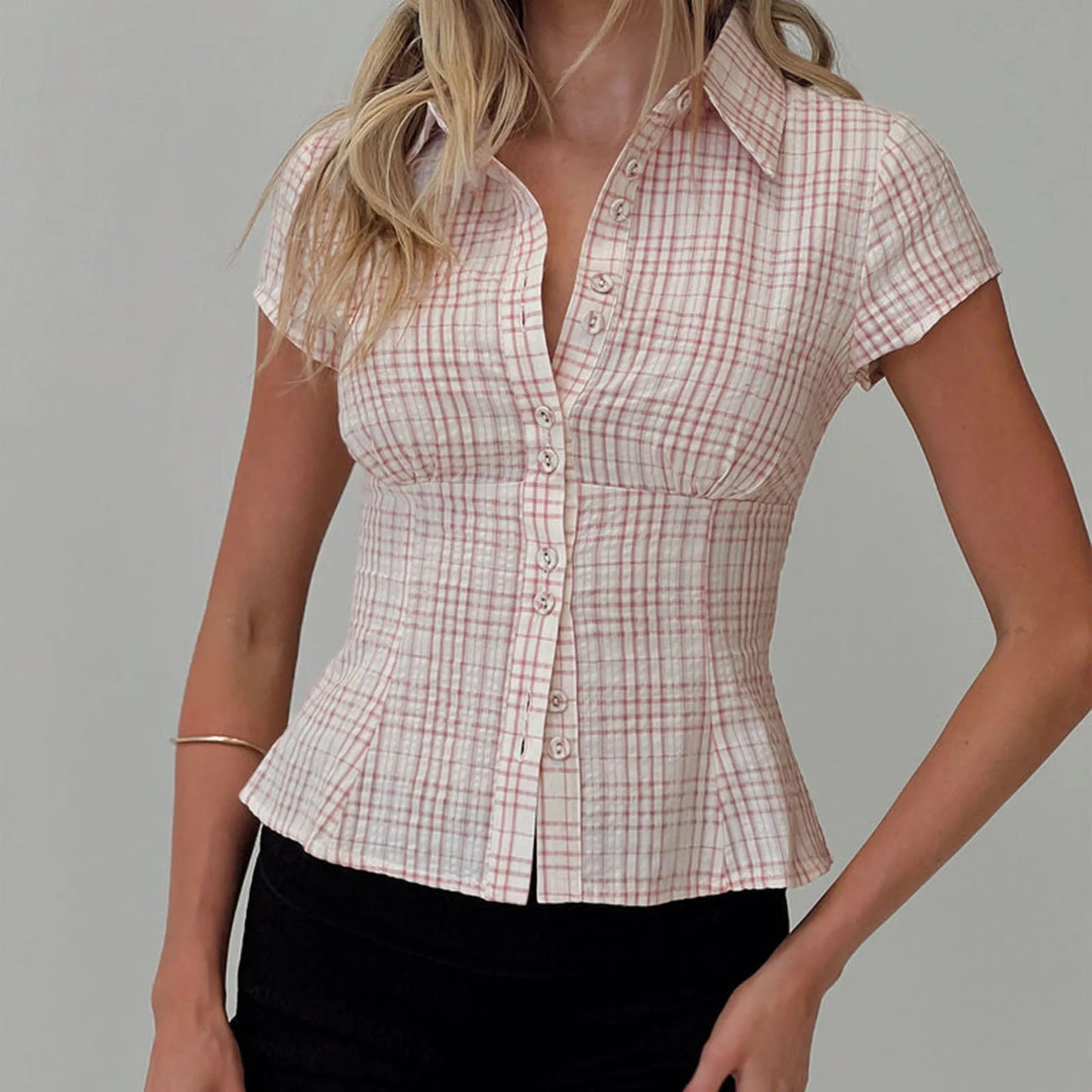 Fitted Plaid Button-Up Blouse