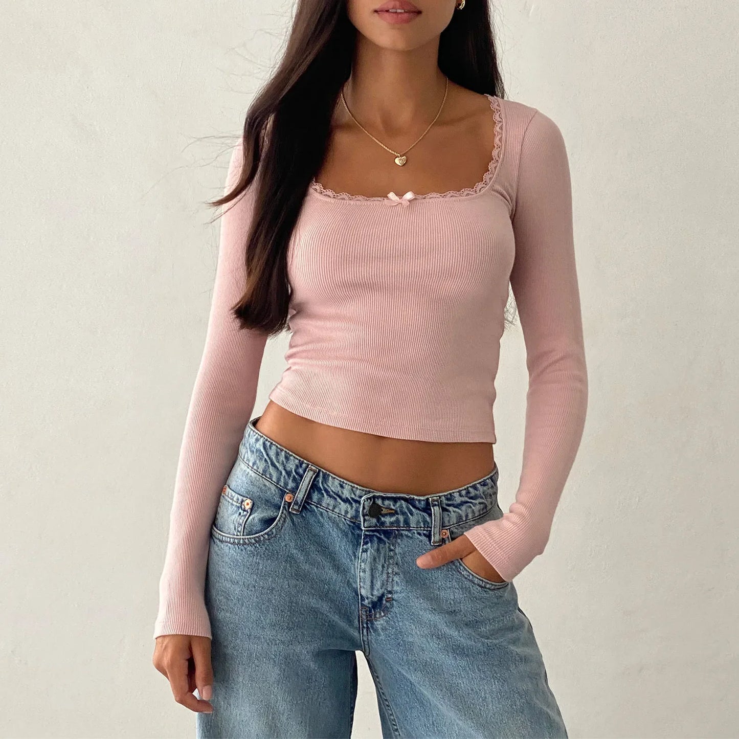 Y2K Vintage Long Sleeve Lace Trim Fall Top