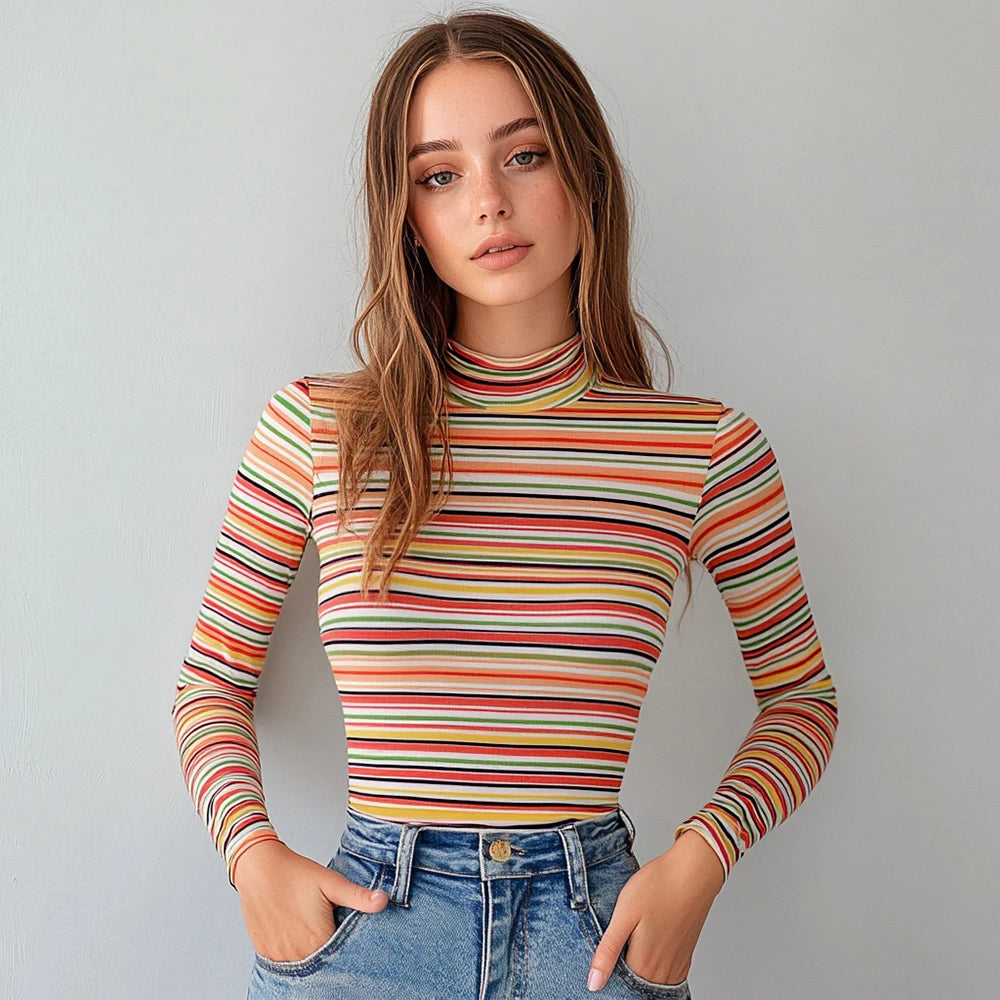 Striped Mock Neck Fitted Tee
