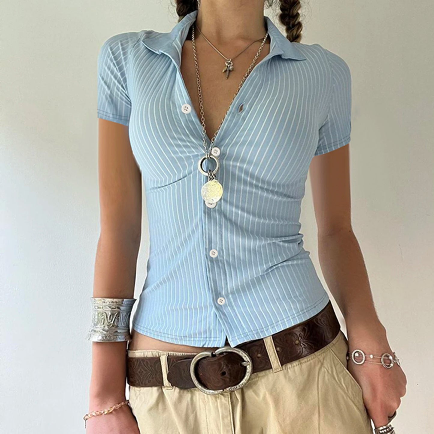 Pinstripe Fitted Collared Tee