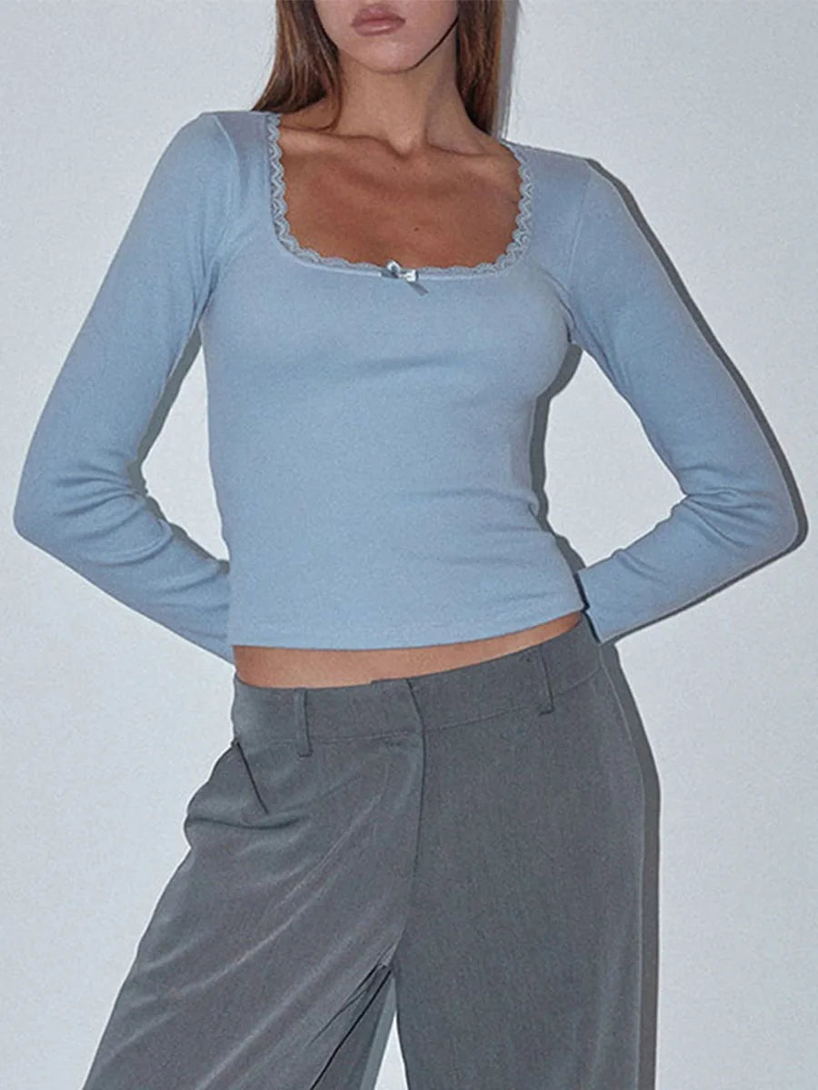 Y2K Vintage Long Sleeve Lace Trim Fall Top