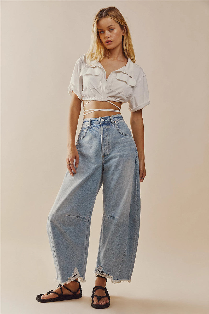Raw Edge Barrel Fit Jeans