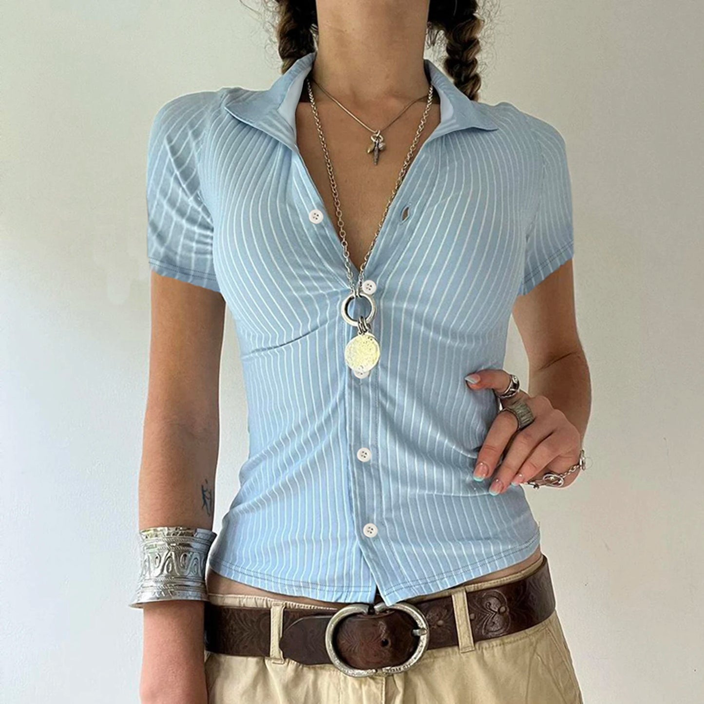 Pinstripe Fitted Collared Tee