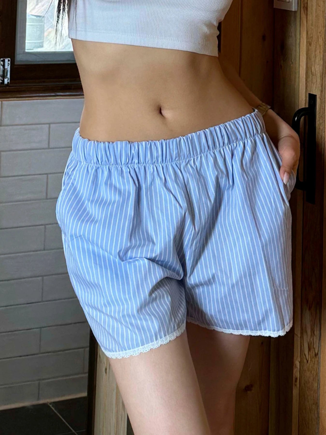 Striped Lace Trim Lounge Shorts