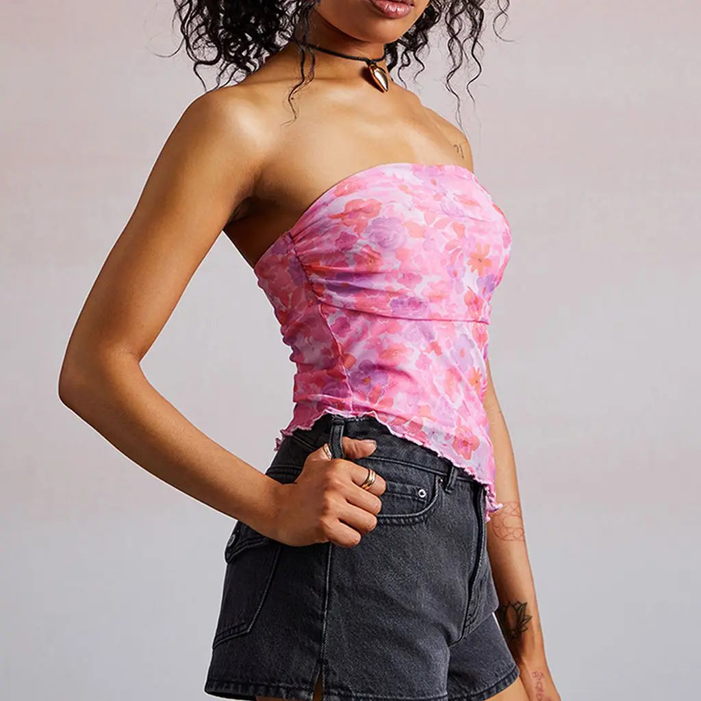 Floral Mesh Asymmetrical Tube Top