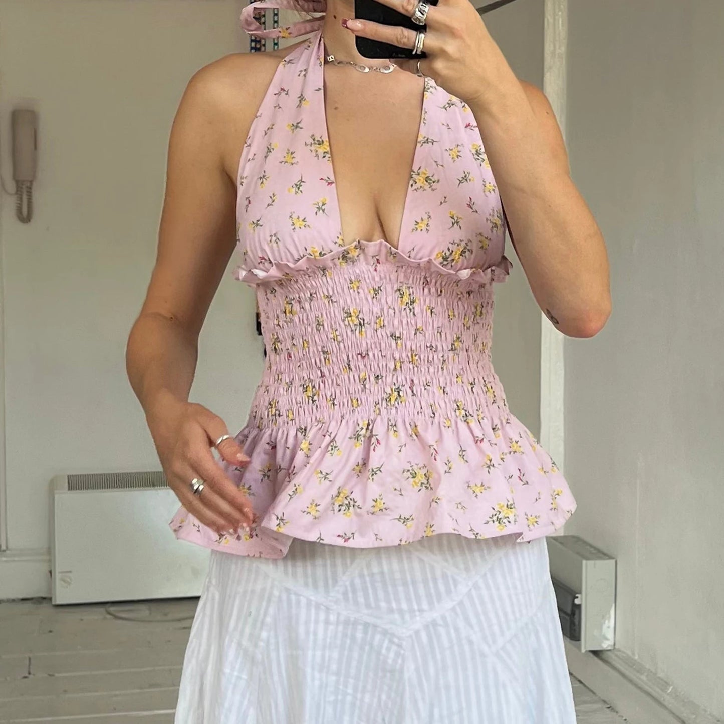 Ruffle Halter Smocked Top