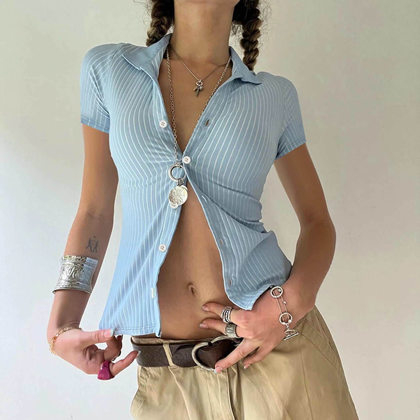 Pinstripe Fitted Collared Tee