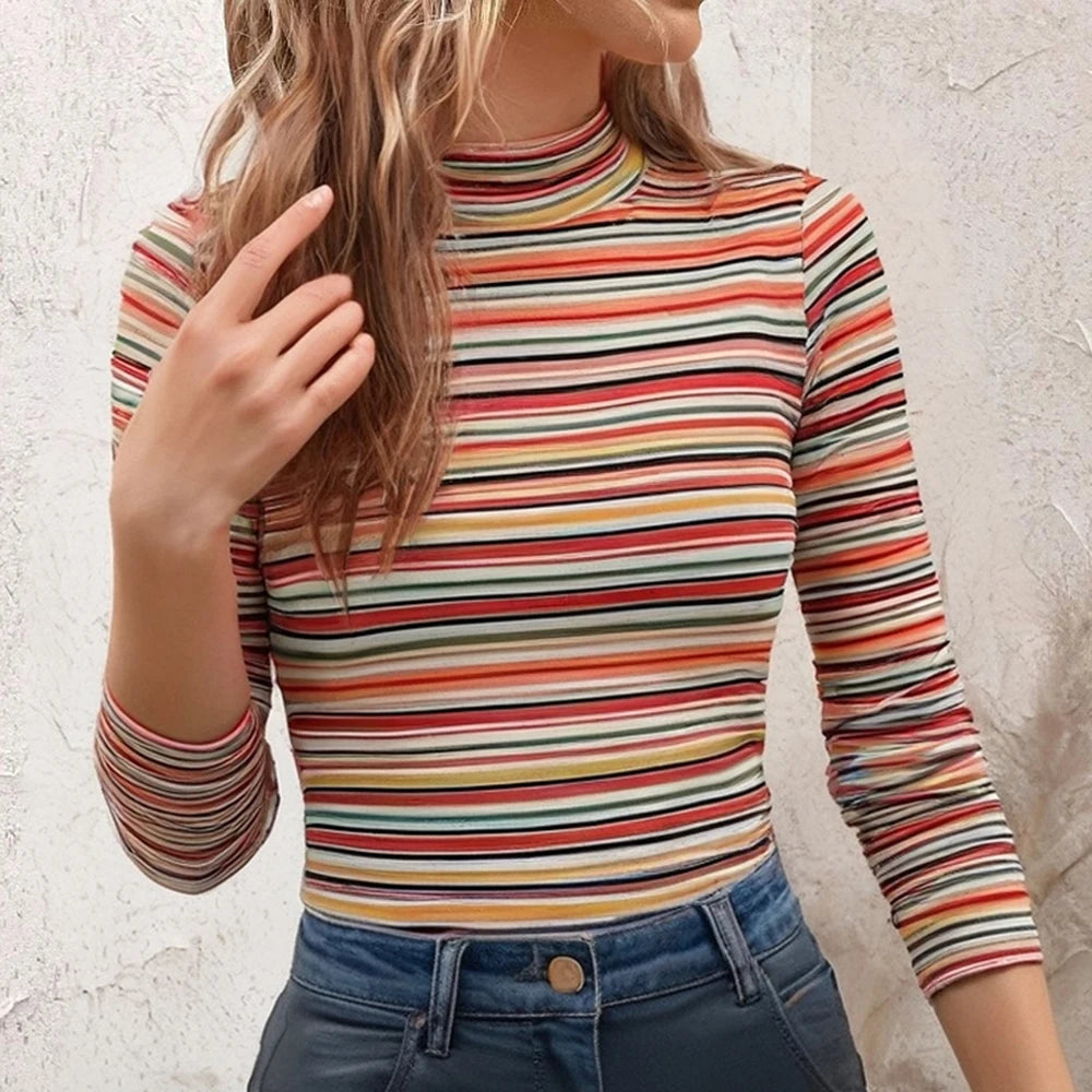 Striped Mock Neck Fitted Tee