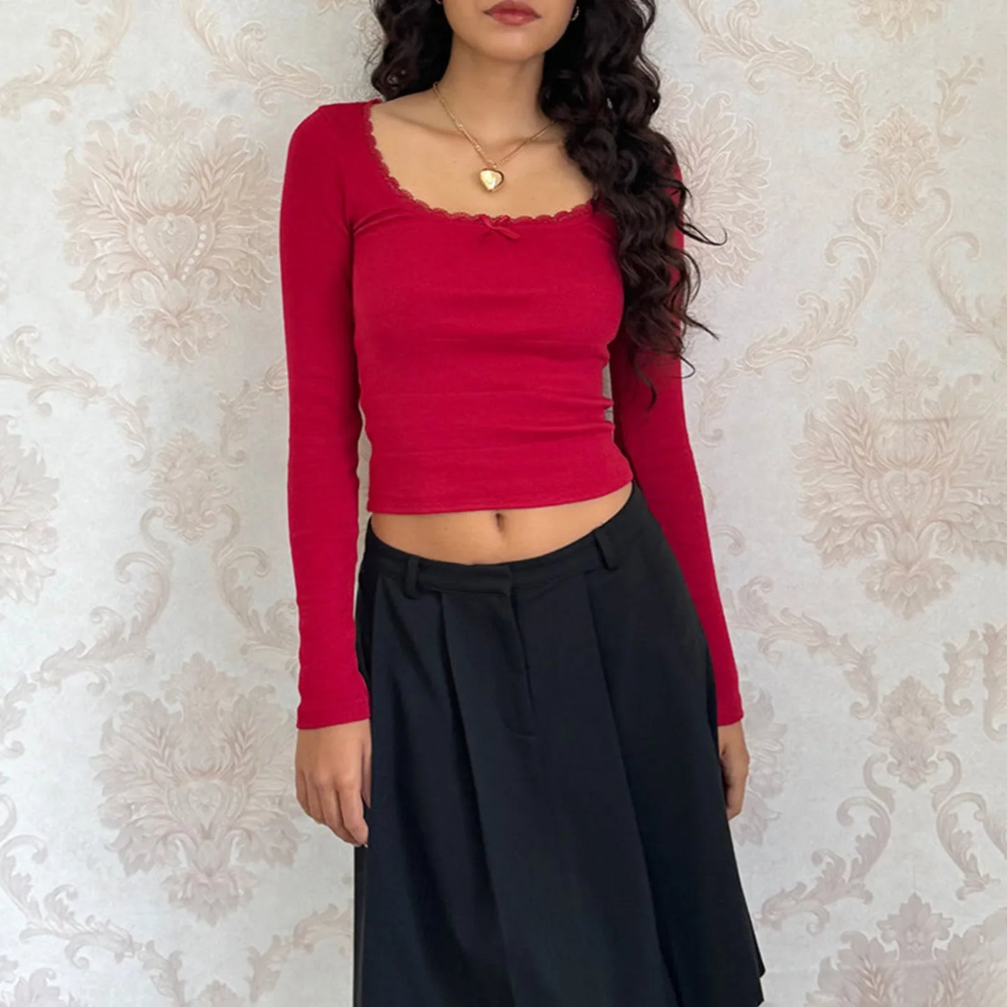 Y2K Vintage Long Sleeve Lace Trim Fall Top