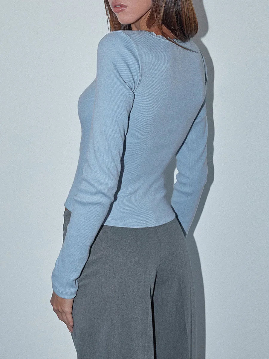 Y2K Vintage Long Sleeve Lace Trim Fall Top