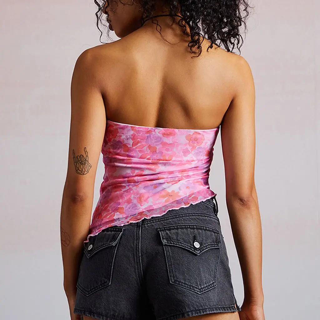 Floral Mesh Asymmetrical Tube Top