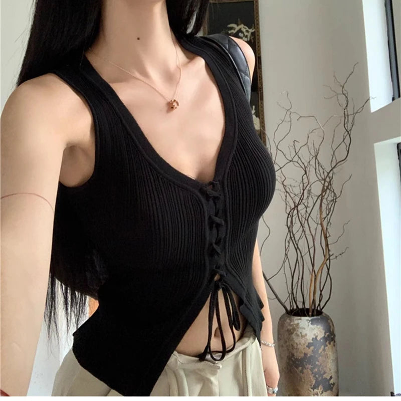 Lace-Up Ribbed Knit Tank
