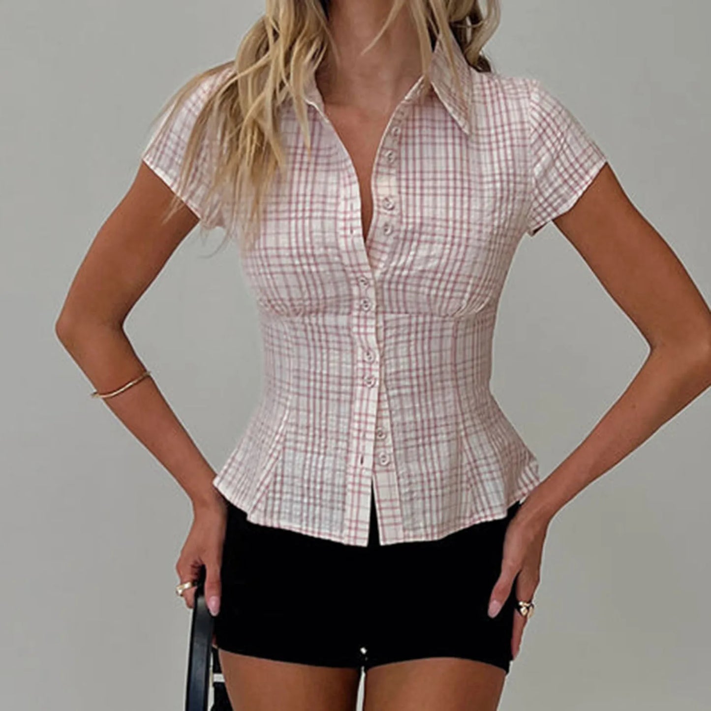 Fitted Plaid Button-Up Blouse
