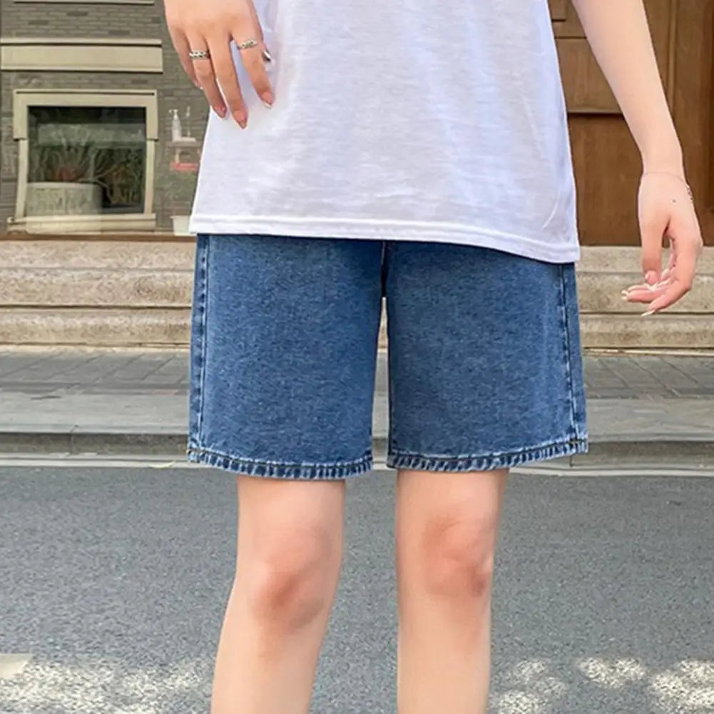 Vintage Wash Knee-Length Denim Shorts