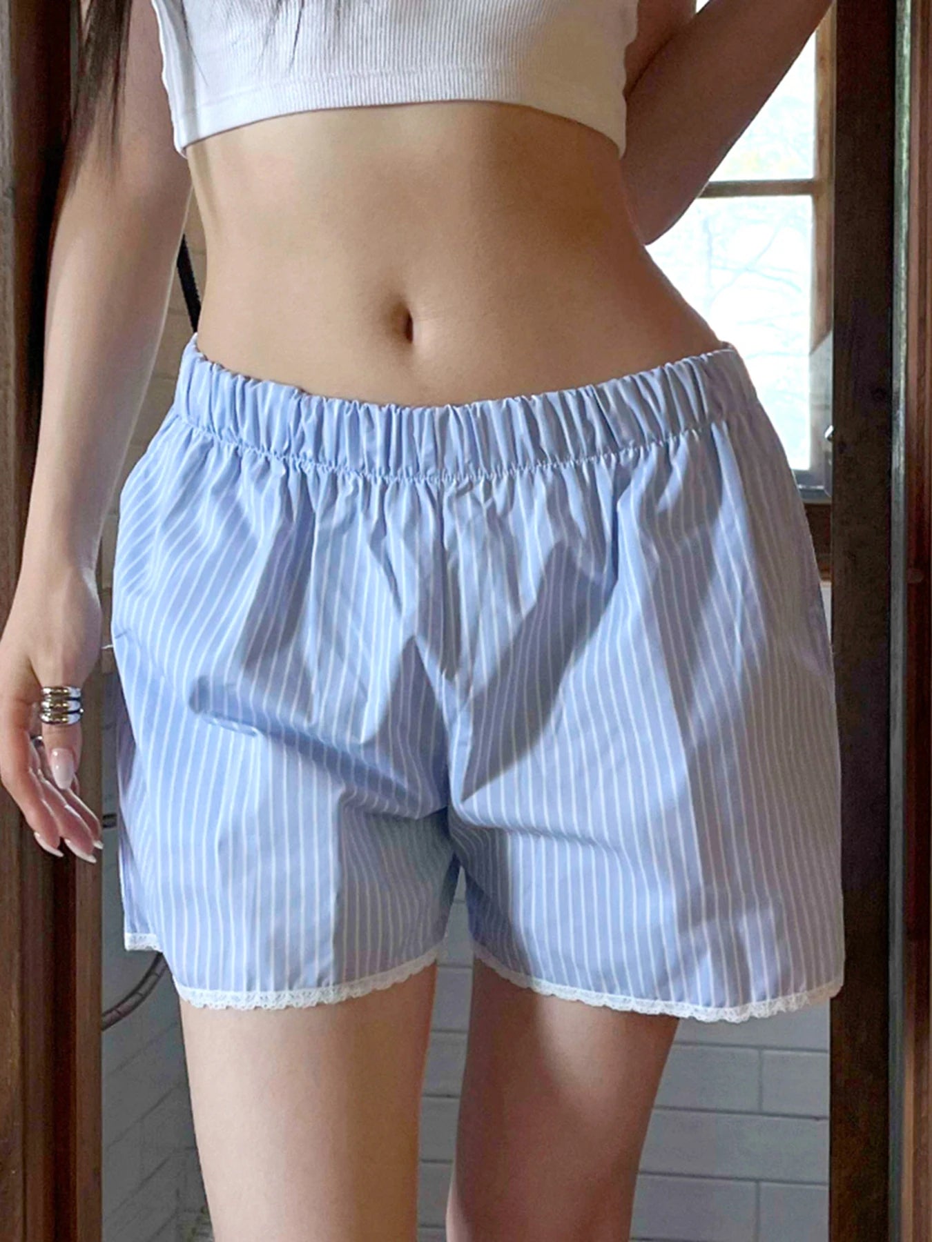 Striped Lace Trim Lounge Shorts