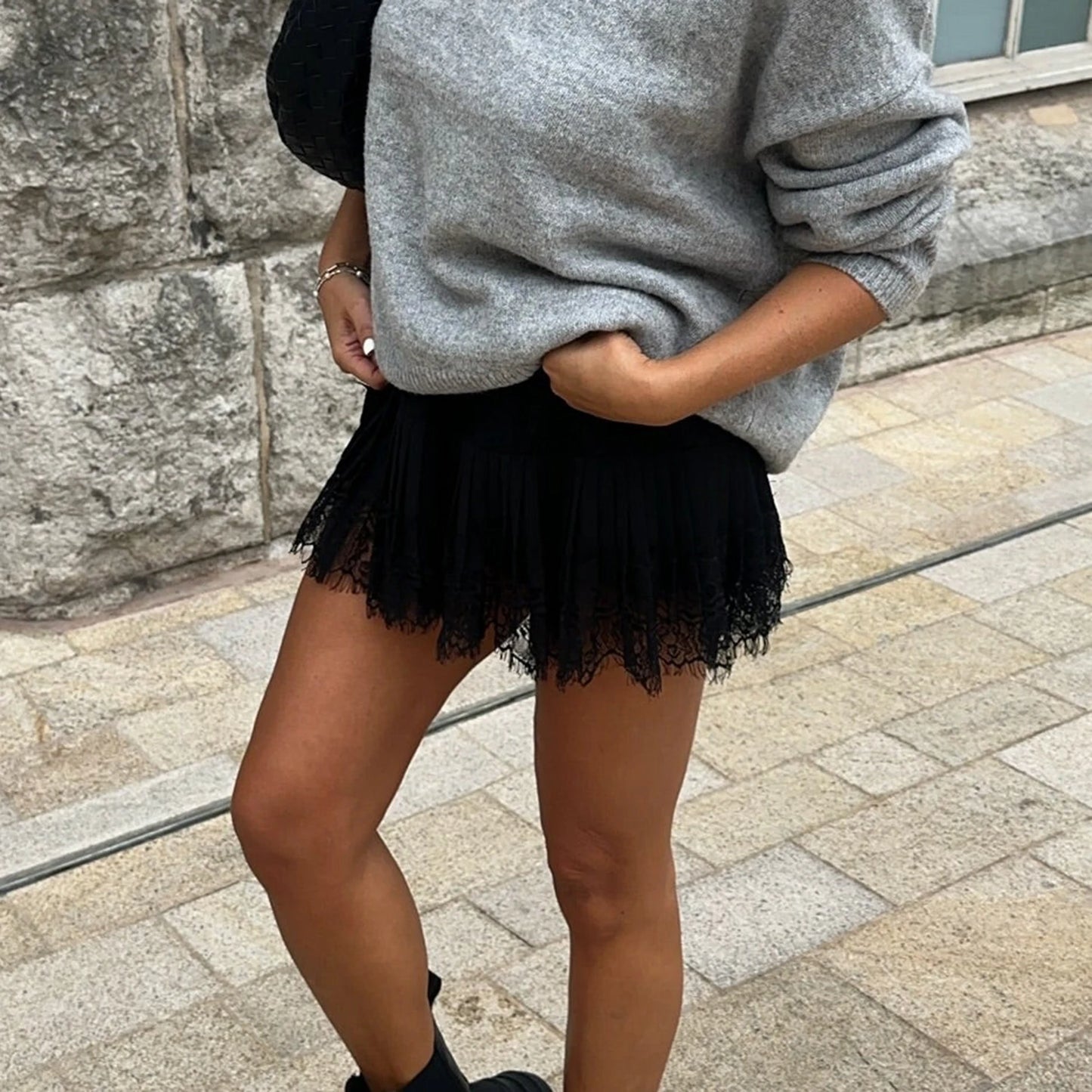 Lace Edge Pleated Mini Skirt