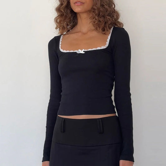 Y2K Vintage Long Sleeve Lace Trim Fall Top
