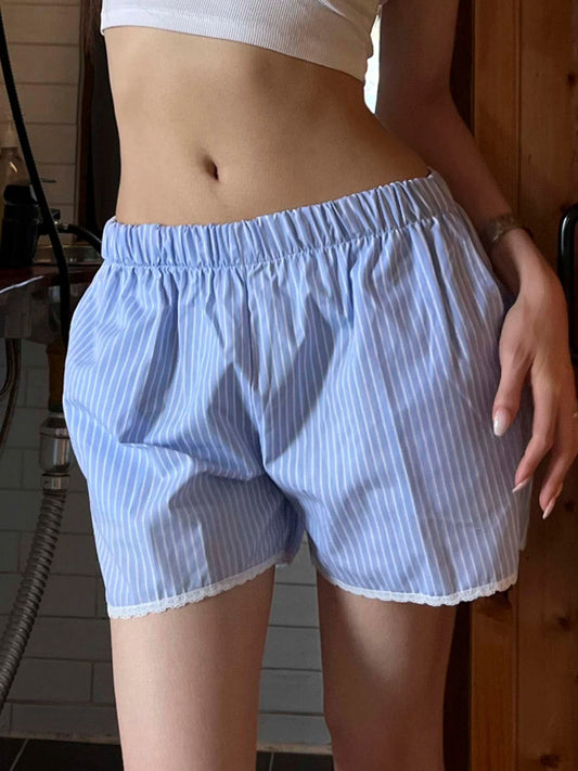 Striped Lace Trim Lounge Shorts