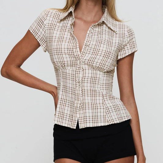 Fitted Plaid Button-Up Blouse