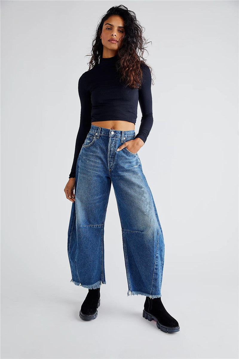 Raw Edge Barrel Fit Jeans