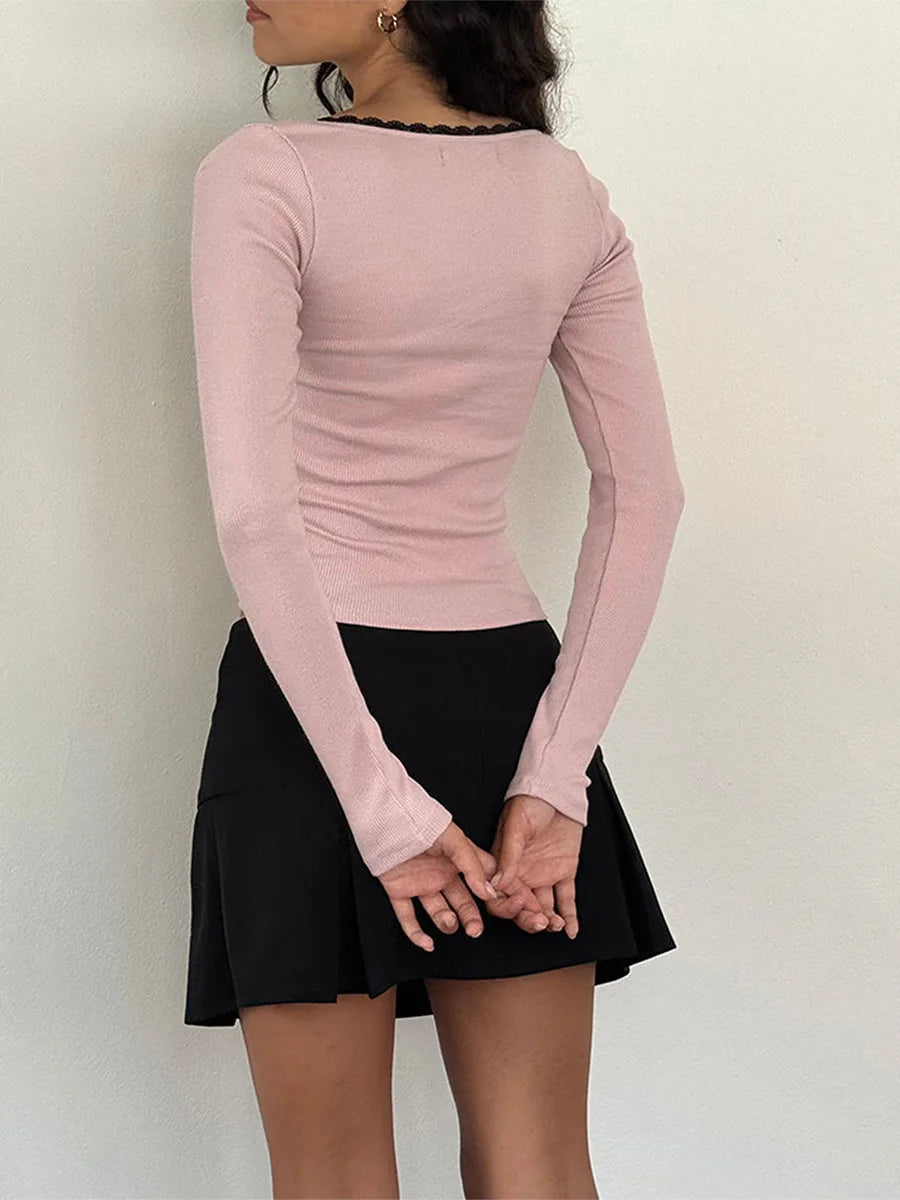Y2K Vintage Long Sleeve Lace Trim Fall Top