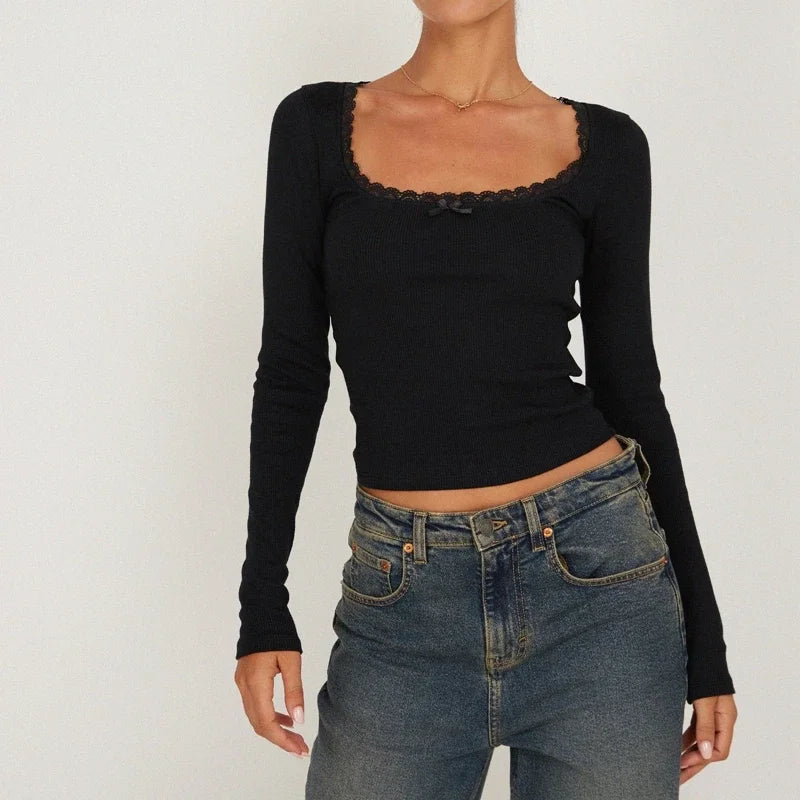 Y2K Vintage Long Sleeve Lace Trim Fall Top