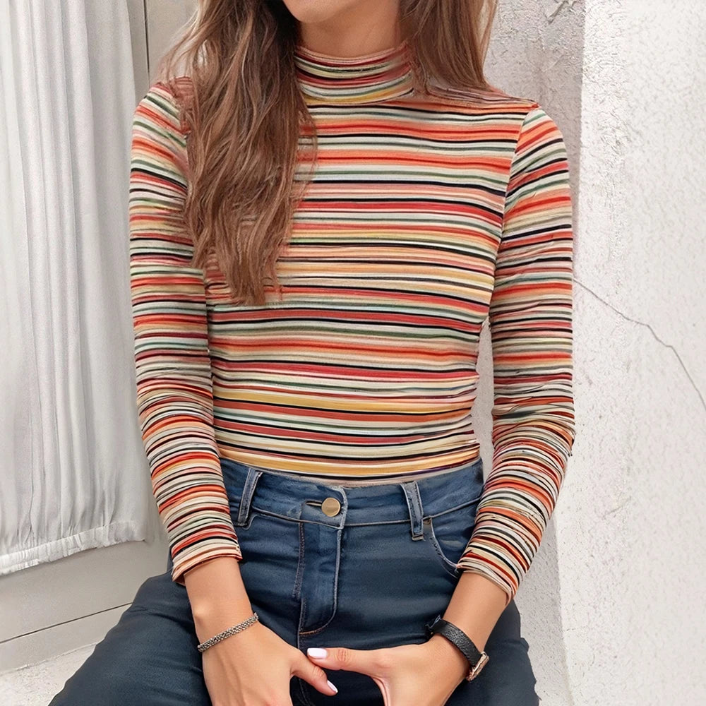 Striped Mock Neck Fitted Tee