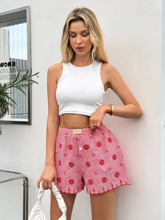 Cherry Picnic Scallop Shorts – Retro Floral Vibes