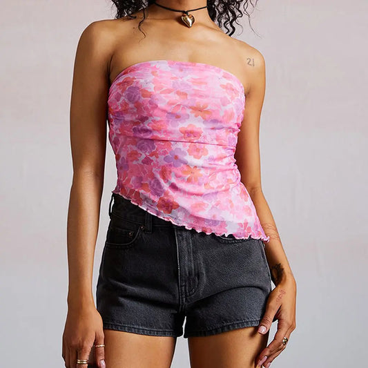 Floral Mesh Asymmetrical Tube Top