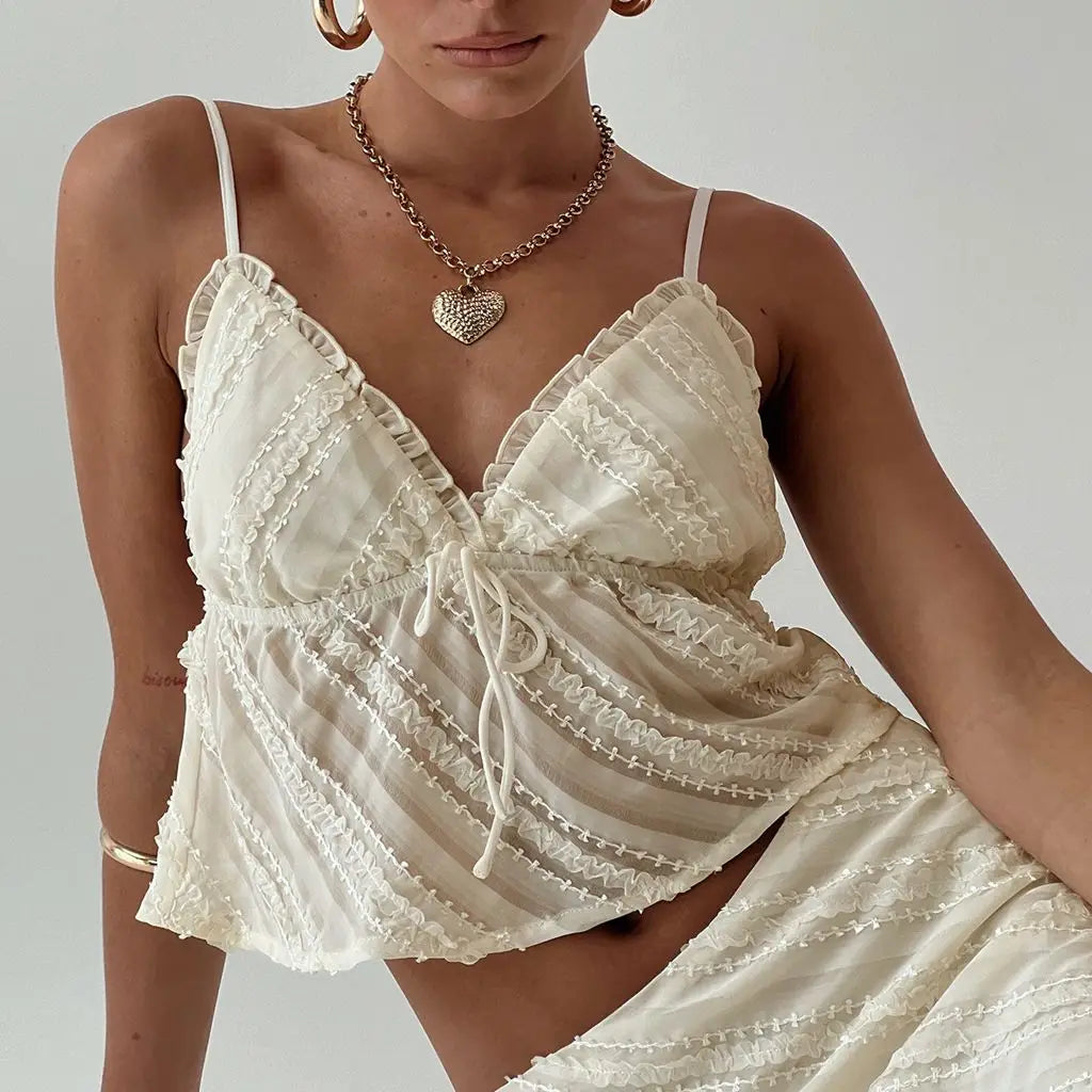 Sheer Ruffle Tie Cami – Y2K Backless Summer Vest Top