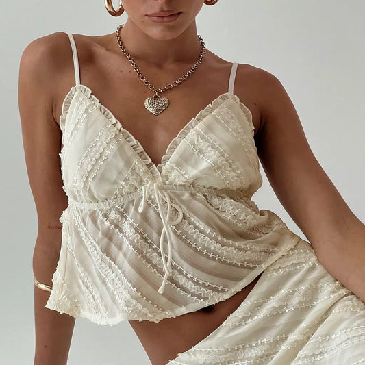 Sheer Ruffle Tie Cami – Y2K Backless Summer Vest Top