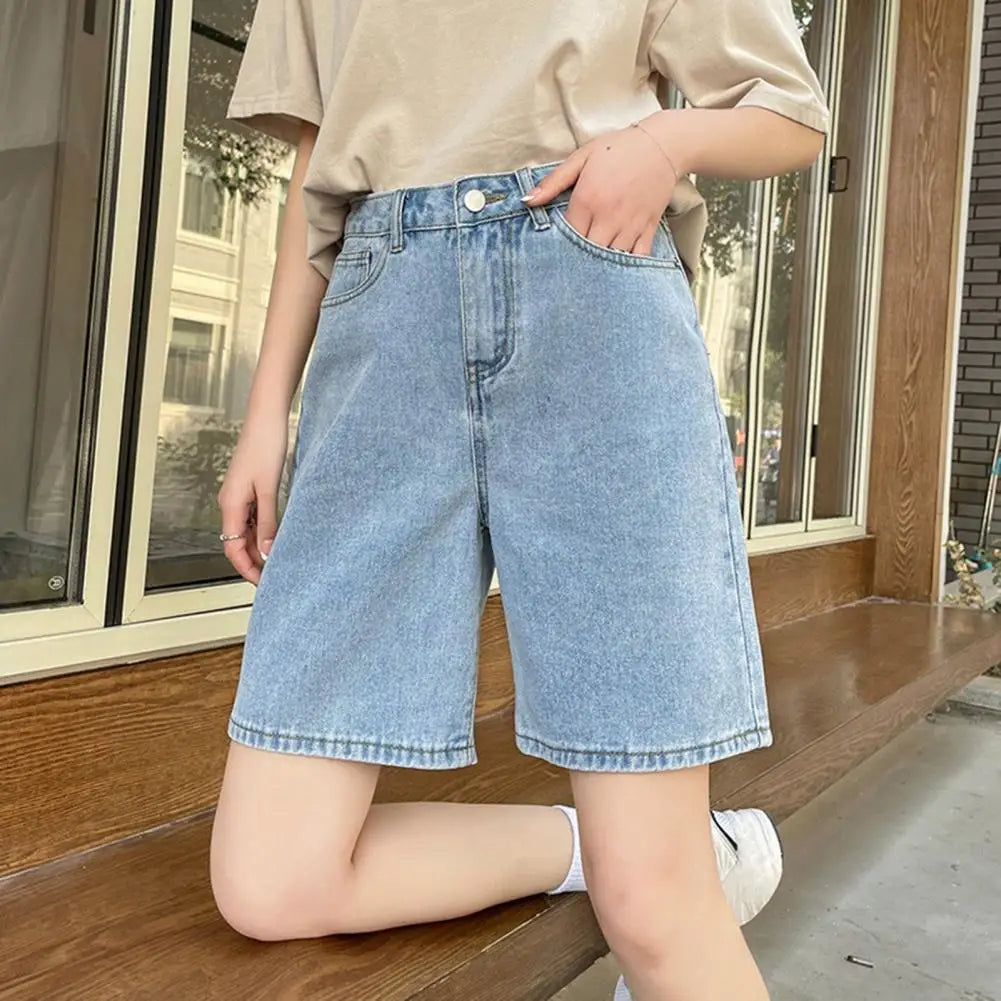 Vintage Wash Knee-Length Denim Shorts